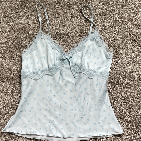 Y2K Light Blue floral Lace Trim Cami babydoll dainty tank Top coquette sz L - Picture 8 of 10